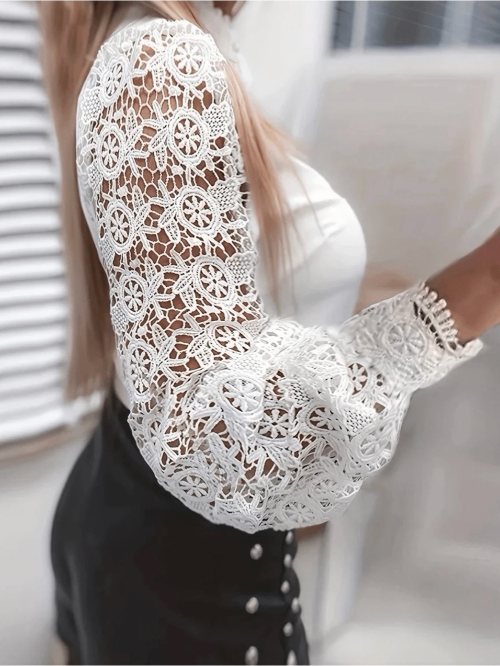 Elegant White Lace Button-Front Top Long Sleeves Blouse XXL - Picture 2 of 3